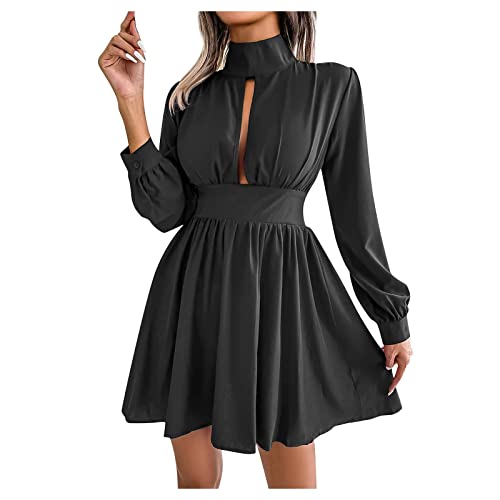 Chiffon Kleid Kleid Midi Empire Kleider Grüne Abendkleider Schnürung Brautkleid Herbst Und Wintermode Für Damen Sexy Hohle Taille Langärmliges Großes Swing Kleid Schwarz XL von MICKURY