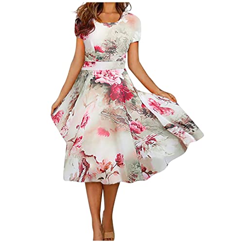 Damen Abendkleider Elegant,Abendkleid Cocktailkleid Damen Sommer Lässig Mode Blumendruck Kurze Ärmel V-Ausschnitt Swing Kleider Abendkleid Zur Hochzeitsfeier Kleider Mittelalter (2-Rosa,L) von MICKURY