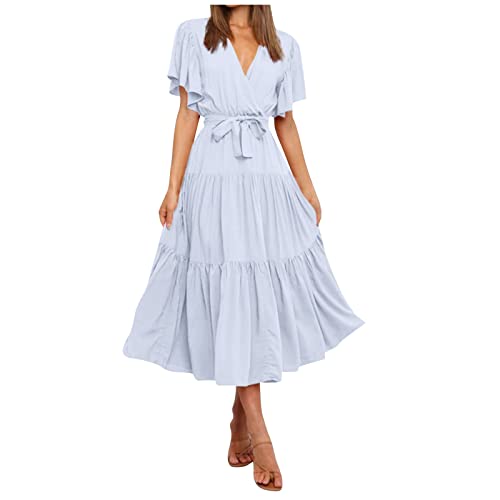 Damen Abendkleider Elegant,Festliche Kleider Abendkleider Prinzessin Damen Kleider Sexy Kurz Damen Sommer Casual V-Ausschnitt Einfarbig Kurzarm Hals Taille Lange Boho Kleid Elegante (3-Hellblau,XXL) von MICKURY