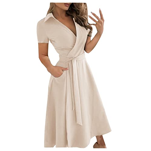 Damen Kleider Sommer,Damen Kleider Elegant Brautkleid Spitze A Linie Barbiekleider Set Kleider Mode Damen Casual Revers Feste Farbe Kurze Ärmel Kleider Lang Abendkleid ße Größ(6-Beige,M) von MICKURY