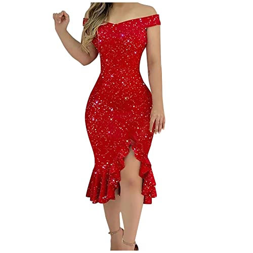 Damen Kleider Sommer,Lange Elegante Abendkleider Für Hochzeiten Kleider 50 Jahre Mode Damen Big Size Damenmode Sexy Sommer Schulterfrei Kurze Ärmel Pailletten Rüschen Unregelmäßige (Rot-5,XXL) von MICKURY