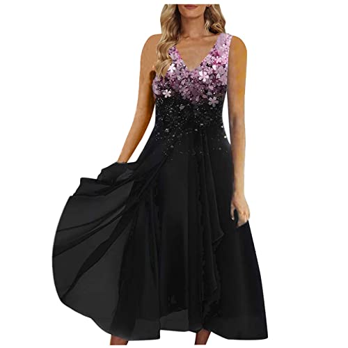 Elegante Kleider Damen, Style Kleider Abendkleider Kurz Elegant Damen Kleid Chiffon Elegantes Patchwork Kleid Ärmellos Langes Kleid Abendkleid Abendkleid Koralle Kurz Kurze Schwarze (Rosa-3,3XL) von MICKURY