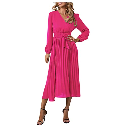 Enge Kleider Damen Sexy,Afrikanische Kleider Damen Cocktail Kleider Elegant Abendkleid Bodenlang Damen Langarm Slim Fit Plissee Gürtel V-Ausschnitt Elegantes Kleider Kleider Damen Vintage(Hot Rosa,S) von MICKURY