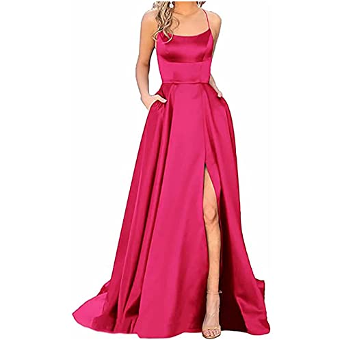 Festliche Kleider Für Damen,Kleider Damen Sommer Oversize Kleider Damen Festliche Damen Ballkleider Elegant Neckholder Rückenfrei Lange Kleider A-Linie Criss-Cross Satin Spaghetti (1-Heißes Rosa,XXL) von MICKURY