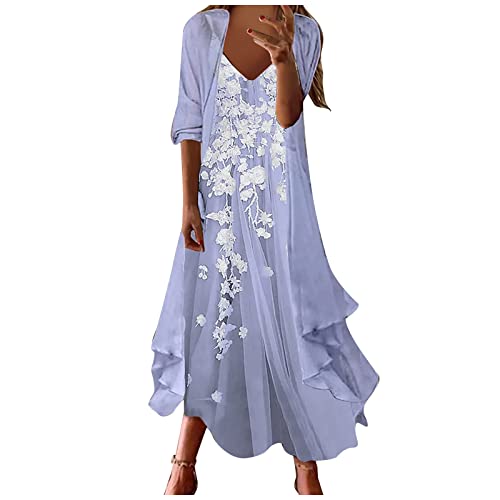 Festliche Kleider Für Damen Hochzeit,Festliche Kleider Für Hochzeit Kleider Abendkleider Damen Festlich Damen Casual Fashion Print V-Ausschnitt Zweiteiliges Set 2022 Sommer Maxi (1-Blau,M) von MICKURY