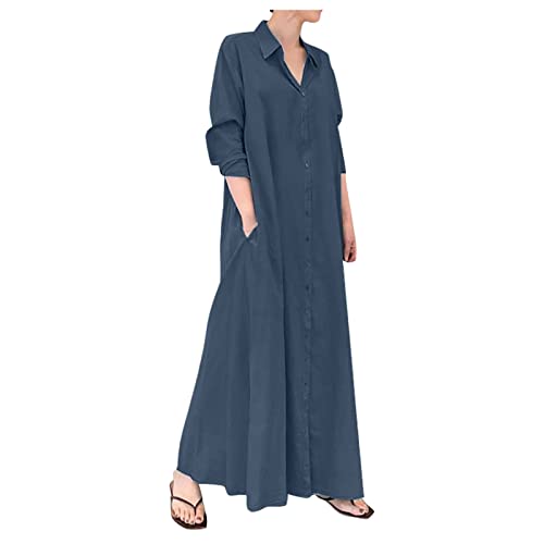 Festliche Kleider Für Hochzeit,Kleider Damen Sommer Silvester Kleider Damen Jumpsuit Sexy Damen Casual Baumwolle Leinen Solide Farbe Lose Temperament Langes Hemd Kleider Abendkleider (Marine-4,L) von MICKURY