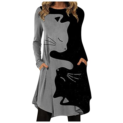 Glitzer Kleid Damen,Jumpsuit Damen Elegant Brautkleid Vintage Damen Abendkleider Kurz Mode Frauen Rundhalsausschnitt Katze Print Kleider Unregelmäßiger Saum Lockeres Kleid Abendkleider (1-Gray,XXL) von MICKURY