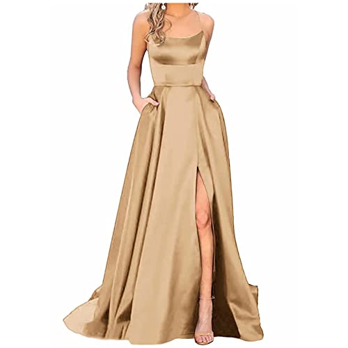 Gothic Kleidung Damen, Langes Abendkleid Damen Enge Kleider Sexy Ballett Damen Lange Ballkleider Elegant Neckholder Rückenfrei Kleider A-Linie Criss-Cross Satin Spaghetti Strap (Beige,M) von MICKURY