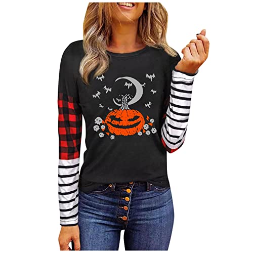 Halloween Kostüm Damen Sexy Tshirts Damen Norwegerpullover Polo T Shirt Lange T Shirts Damen Damen Mode Freizeit 2022 Halloween Print Rundhals Langarm Plaid Top Bluse 3-Schwarz XL von MICKURY