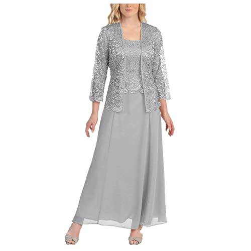 Herbstkleider Kleid 20Er Jahre Langarm Kleid Festlich Damen Kleider Damen Schicke Kleider Für Hochzeit Frauen Solide Zweiteilige Spitze Cardigan Chiffon Party Hochzeit Langes Kleid Grau von MICKURY