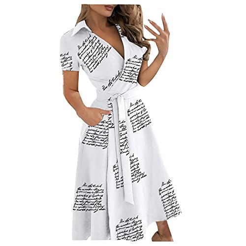 Italienische Kleider,Lange Elegante Abendkleider Für Hochzeiten Schnittmuster Kleider Damen Brautkleid Mit Ärmel Fashion Damen Casual Lapel Printed Short Sleeve High Waist Dress (4-Weiß,M) von MICKURY