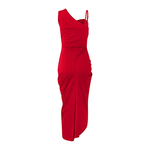 Italienische Kleider Damen,Maxi Kleider Für Damen Kleider Für Frauen 50 Festliche Damen Damen Fest Farbe Sexy Pailletten Schlitz Maxi Smocked Eine Schulter Abendkleid Üm Damen Elegant(2-Rot,S) von MICKURY