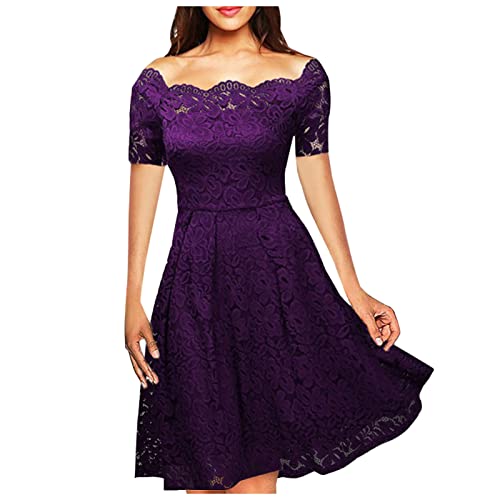 Kleid Damen Elegant,Kleider Sommer Damen Kleider Kurz Damen Unterrock Für Durchsichtige Damen Casual Fasion Solide Farbe Trägerlos Hollow Out Kurzarm Taille A-Linie Big Swing (Lila-2,5XL) von MICKURY