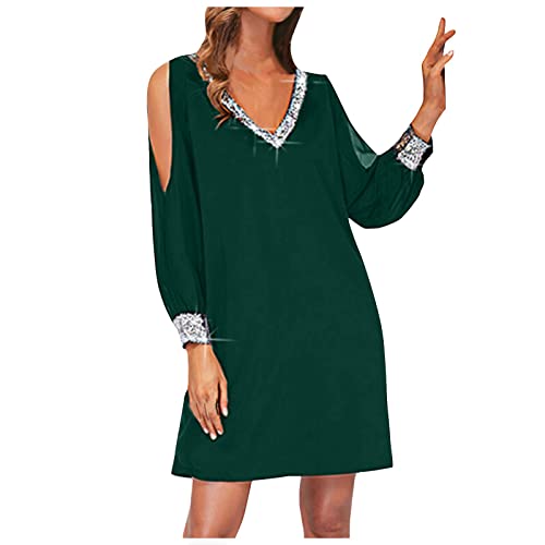 Kleid Damen Elegant,Western Kleider Damen Prinzessinnen Kleider Damen Cocktailkleider Damen Feste Farbe Pailletten Nähte V-Ausschnitt Kalte Schulter Ärmel Freizeitkleid Kleider (Dunkelgrün-1,XXL) von MICKURY