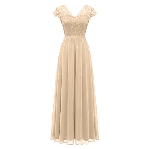 Kleid Festlich Vintage Brautkleider Damen Sexy Abendkleider XXL Abendkleid Spitze A Linie Damen Kleider Elegant Chiffon Damen Kleider Festlich Dunkelblau(1-Beige,XL) von MICKURY