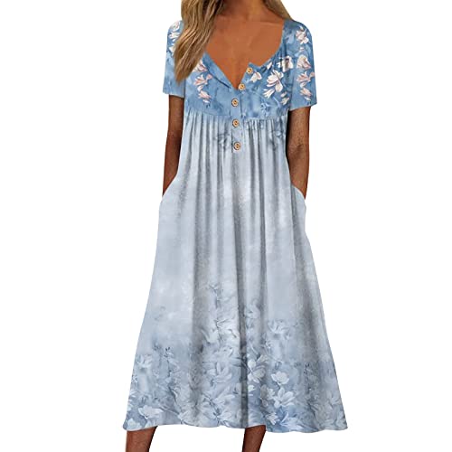 Kleider Damen Hochzeit Gast,Western Kleider Damen Damen Kleider Strickkleid Strand Für Damen Kleid Knopf Floral Tasche Kurzarm V-Ausschnitt Casual Loose Lange Abendkleider Damen Blau(Hellblau-1,S) von MICKURY