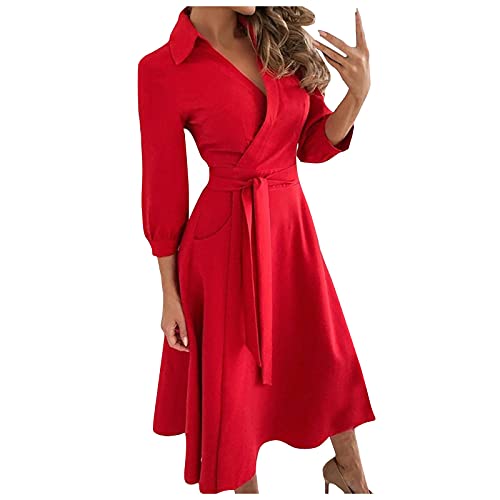 Kleider Festlich Damen,Business Kleider Damen Kleider Für Damen Elegant Brautkleider Spitze Mode Damen Casual Revers Feste Farbe Sieben-Teilige Ärmel Lange Kleider Damen Kleider Für Hochzeit(1-Rot,M) von MICKURY