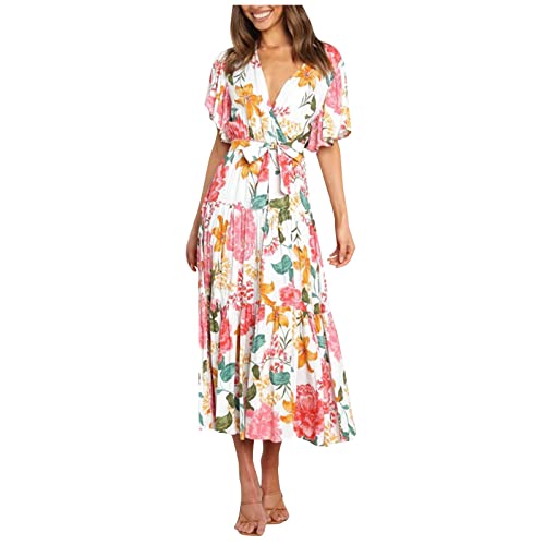 Kleider Festlich Damen,Enge Kleider Damen Sexy Italenische Kleider Italienische Leinen Damen Sommer Casual Gedruckt Kurze Ärmel Taille Langes Kleid Boho Sommerkleider Damen Maxikleid(2-Weiß,M) von MICKURY