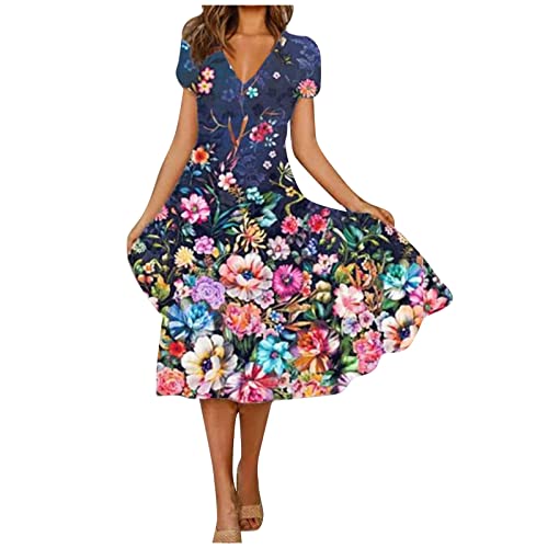 Kleider Für Hochzeit,1950 Kleider Damen Abendkleid Spitze Fashion Damen Kleider Damen Sommer Casual Fashion Floral Print Short Sleeve V-Neck Swing Dress Abendkleider Elegant (Dark Blau-3,L) von MICKURY