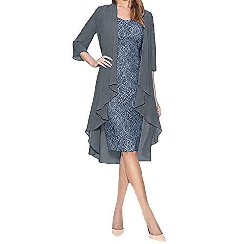 Kleider Langarm Damen,Kleider Damen Sommer Frauen Kleider Elegant Zur Damen Damenmode Zwei Stücke Charming Hochzeitskleid Solide Farbe Mutter Der Braut Spitze Kleider Schwarze (2-Gray,S) von MICKURY