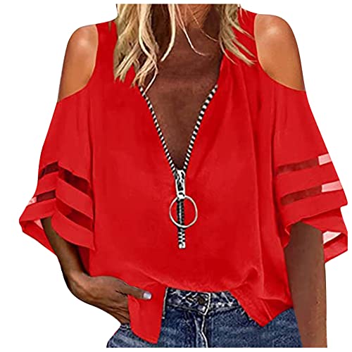 Langarmshirt Damen,Leder top,t Shirt mit Kragen,t Shirts designen,BH Hemdchen,Oversize Hemd,Hemd Damen,westernhemden,Ragman Poloshirt,Polo t Shirt,rückenfreies Oberteil(2-Rot,L) von MICKURY