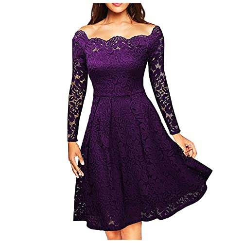 Lange Abendkleider Mit Ärmel,Kleid Damen Elegant Firmung Kleider Lange Damen Langarm Damen Casual Fasion Solide Farbe Trägerlos Hollow Out Langarm Taille A-Linie Big Swing Spitze (Lila-1,XXL) von MICKURY