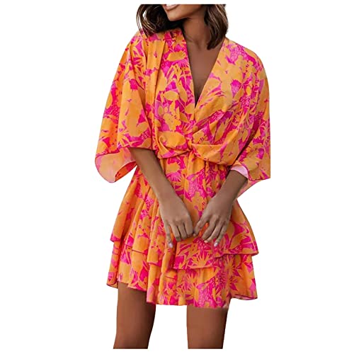 Lange Kleider Damen,Kleider 20 Jahre Stil Schöne Abendkleider Damen Kleider Für Silvester Party Damen V-Neck Loose Sleeve Elastic Waist Printed Dress Mini Lange Kleider Damen (1-Heißes Rosa,XXL) von MICKURY
