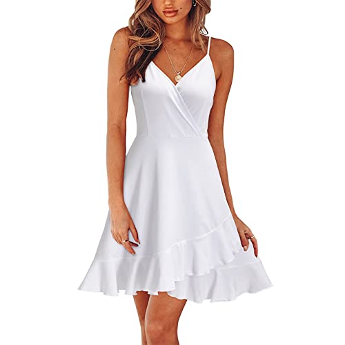 Langes Abendkleid Damen,Festliche Kleider Für Damen Hochzeit Festliche Kleider Knielang Lagenlook Sommer Wrap V-Ausschnitt Verstellbare Spaghetti Träger Brust Falten Casual Rüschen (Weiß,M) von MICKURY