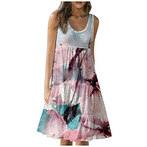 MICKURY Abendkleid Elegant,Italienische Kleider Damen Damen Kleider Glitzer Knielang Damen Sommer Floral Print Strandkleid Rundhalsausschnitt Ärmelloses Kleid Enge Kleider Damen Party(Rosa-5,M) von MICKURY