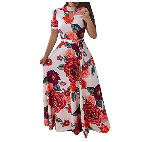 MICKURY Abendkleid Elegant Für Hochzeit,Abendkleider Mit Ärmeln Abendkleid Mit Ärmeln Ballett Kleider Damenmode Casual Sommer Kurze Ärmel Bedruckte Lange Kleider Lange Rö Damen Rot(3-Beige,XXL) von MICKURY