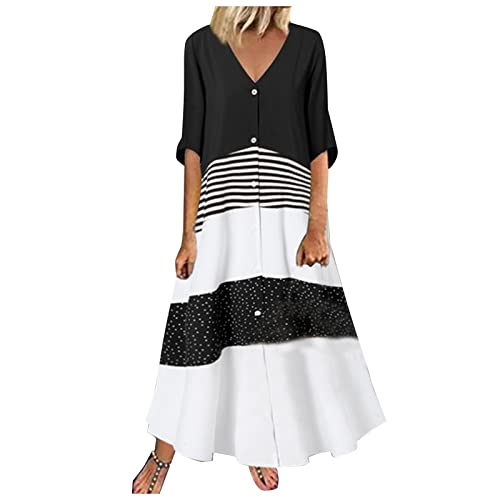 MICKURY Abendkleid Kurze Kleid Ballkleid Schwarz Latzkleid Damen Lochstickerei Kleid Mode Damen V Ausschnitt Kurzarm Kleid Mit Karodruck Langes Freizeitkleid C-Schwarz XXL von MICKURY