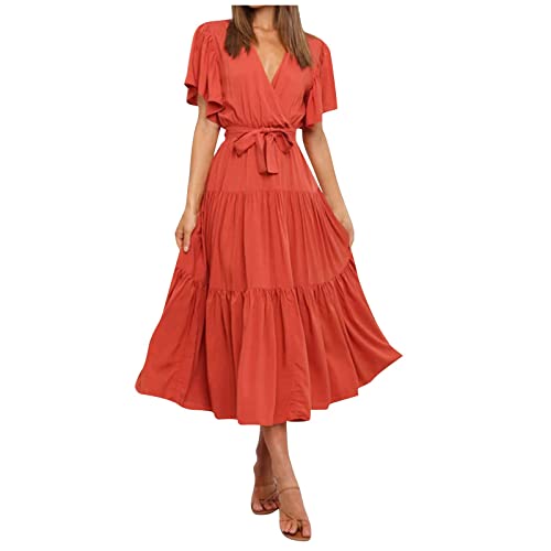 MICKURY Abendkleid ße Größ Damen,Kleider Damen Festlich Elegant Kleider Festlich Damen Hochzeit Elegant Knielang Damen Sommer Casual V-Ausschnitt Einfarbig Kurzarm Hals Taille Lange Boho (3-Rot,S) von MICKURY