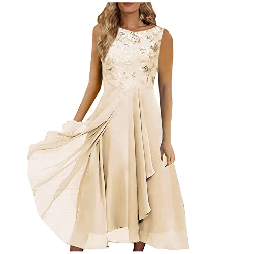 MICKURY Abendkleider ße Größ,Abendkleider Elegant Für Hochzeit Festliche Kleider Für Damen Festlich Kleid Chiffon Elegante Spitze Patchwork Cut-Out Ärmelloses Brautjungfer Abendkleid (4-Beige,4XL) von MICKURY