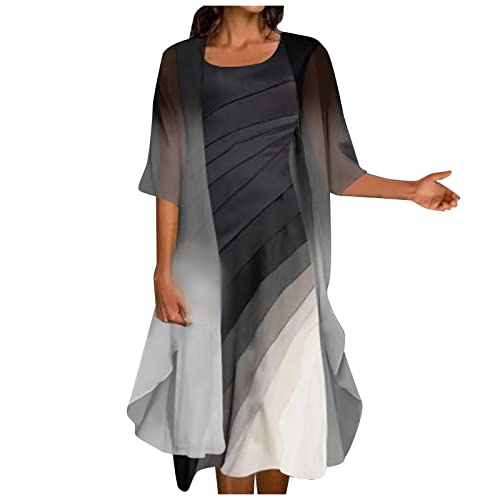 MICKURY Baumwolle Knielang Abendkleid große größen Damen Strickkleid grün unterröcke bunt Rockabilly Kleid Festliche Zweiteiler Abendmode brautkleid gebraucht musselin Kleid Damen Florale(B-Grau,L) von MICKURY