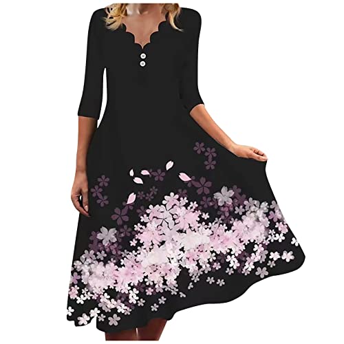 MICKURY Damen Abendkleider Elegant,Abendkleid Elegant Für Hochzeit Festliche Kleider Für Damen Glitzer Braut Damen Casual Floral Print Gewellt V-Ausschnitt Knopf 3/4 Ärmel Frühling Herbst (Rosa,4XL) von MICKURY