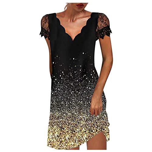 MICKURY Damen Abendkleider Elegant,Damen Kleider Elegant Brautkleid Boho Eiskunstlauf Kleider Damen Ladies Casual Positioning Print V-Neck Lace Panel Short Sleeve Dress Elegante Kleider (4-Gold,L) von MICKURY