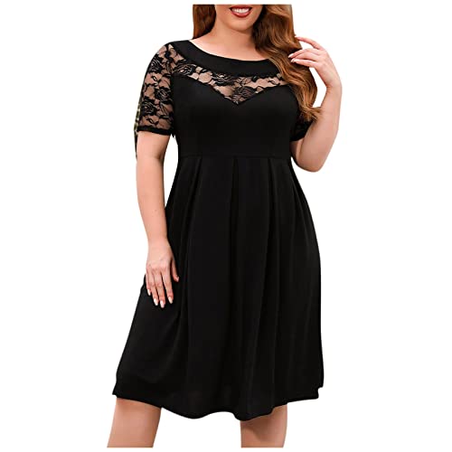 MICKURY Damen Kleider Elegant,Damen Kleider Brautjungfer Gittergewebe Damen Mode Hohle Spitze Lässiges Lockeres Kleid Urlaub Pendeln Plus Size Kleider Sexy Kleider Damen Elegant Party (Schwarz-1,XL) von MICKURY