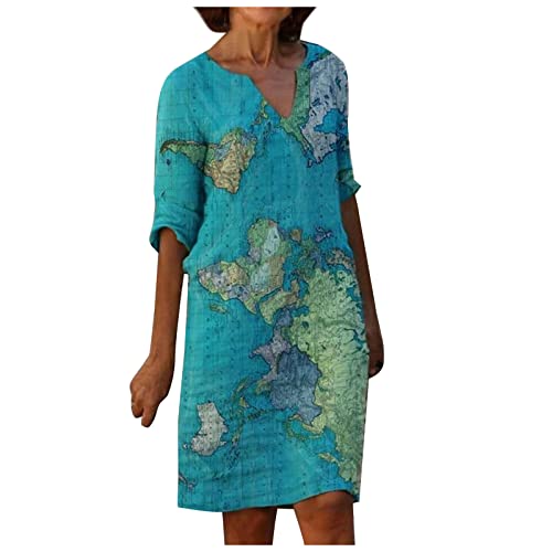 MICKURY Damen Sommerkleider Weltkarte Gedruckt Elegante Halbarm Lockeres T Shirt Kleid LäSsig V Ausschnitt Shift Kurzes Damenkleid(Blau,L) von MICKURY