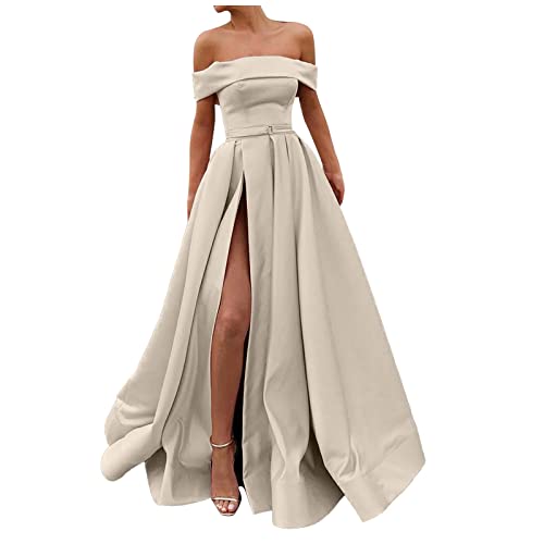 MICKURY Festliche Kleider Für Damen,Sommer Kleider Damen Lange Kleider Damen Für Hochzeit Festlich Wadenlang Damen Mode Floral Formal Vintage Kurze Ärmel Schlank Hochzeit Langes Kleider (Beige-3,M) von MICKURY