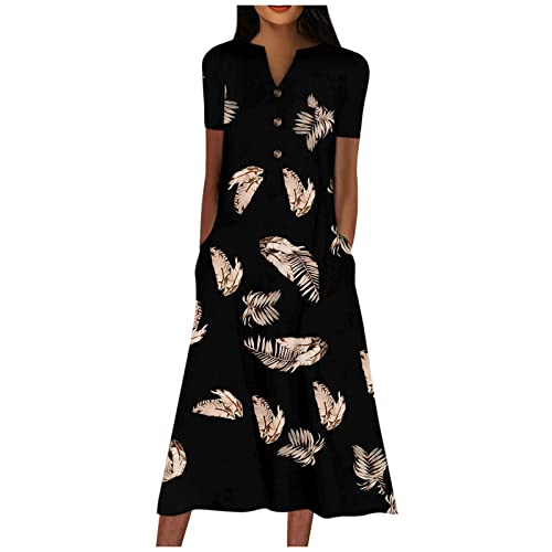 MICKURY Gothic Kleidung Damen,Lange Elegante Abendkleider Damen V-Ausschnitt Kurzarm Kleider Print Freizeitkleid Mit Taschen Kleider Sommer Damen Cocktail Für Sexy Festliche Knielang (3-Schwarz,XL) von MICKURY