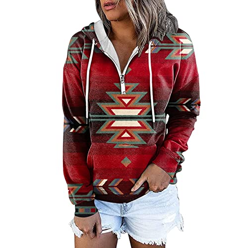 MICKURY Grobstrickpullover Damen Pullover Mit Fledermausärmel Wickelpullover Sweat Zip Hoodie Streetwear Lässige Damen Pullover Mit Geometrischem Pferdedruck Und Langen Ärmeln Kordelzug Stil Kapuzen von MICKURY