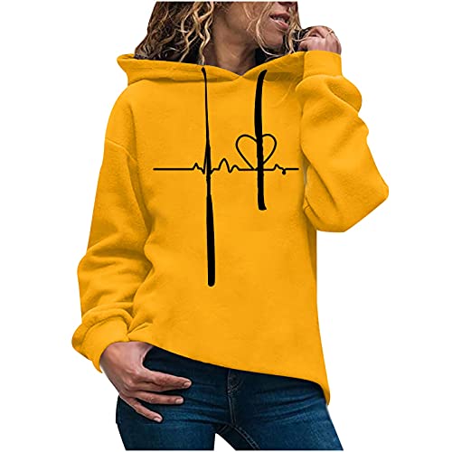 MICKURY Kapuzenpullover BVB Pulli Arbeitspulli Langarmpullover Damen Vokuhila Pullover Damen Mode Casual Fun Print Kapuzenpulli Lose Sport Tops Pullover Gelb 3XL von MICKURY