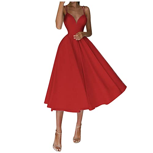 MICKURY Kleidung,Lange Kleider für hochzeitsgäste,Kleid Pastellfarben,Pastell Kleid,Weihnachten Kleid Damen,Brautkleider mit ärmel,maxikleid blau,Elegante Kleider Damen für Hochzeit(Rot,L) von MICKURY