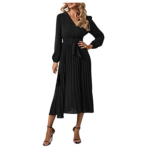 MICKURY Maxi Kleider Für Damen,Abendkleider ße Größ Kleider Brautmutter Schöne Festlich Damen Langarm Slim Fit Plissee Gürtel V-Ausschnitt Elegantes Kleider Gothic Clothes(Schwarz,XXL) von MICKURY