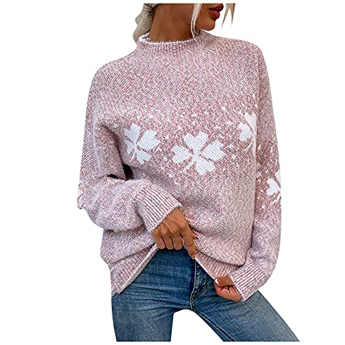 MICKURY Oversize Pulli,Norweger Pullover Damen Norwegerpullover Pullis Bedrucken Wickelpullover Winterpulli Damen Grüner Rollkragenpullover Damen Rollkragenpullover Damen Blau(Rosa,L) von MICKURY