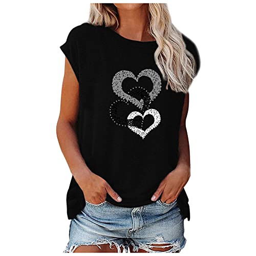 MICKURY Plus Size Tops Rundhals Lose TräGerlos Bedrucktes Top Kurzarm T-Shirt Damen Tops V Ausschnitt T-Shirt LäSsige T-Shirts(A-Schwarz,L) von MICKURY