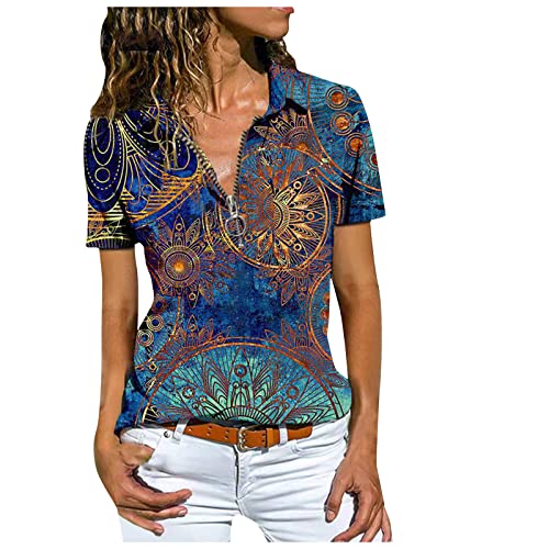 MICKURY Sommer Tops FüR Frauen 2022 Mode Frauen Bohemian Western Ethnic Style Zipper Top Casual Kurzarm T-Shirt(A-Blau,L) von MICKURY