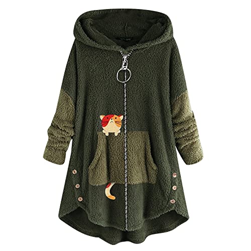 MICKURY Sportbekleidung,Rollkragenpullover Sweat Jacken Langer Pulli Decken Hoodie Pulli Damen Strickjacke Zwillingsherz Brauner Oversized Hoodie(Armee Grün,XL) von MICKURY