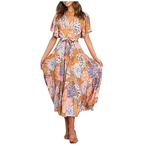 MICKURY Strickkleid Damen Sommer,Abendkleider Mit Ärmeln Kleider Damen Kurz Spitze Abendkleider Damen Sommer Casual Gedruckt Kurze Ärmel Taille Langes Kleid Boho Sexy Abendkleid Kurz(2-Gelb,S) von MICKURY