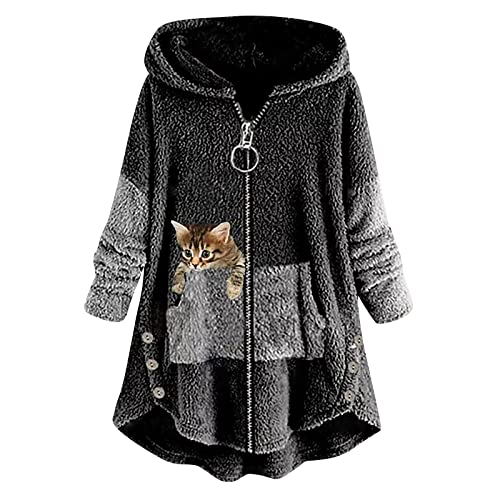 MICKURY Sweatjacke Damen Lange Pullover Damen Strickweste Damen Strickjacke Damens Bonprix Damen Strickjacken Damen Herbst Und Winter Lässige Einfarbige Plüsch Warme Kapuzenjacke In Übergröße Dunkel von MICKURY